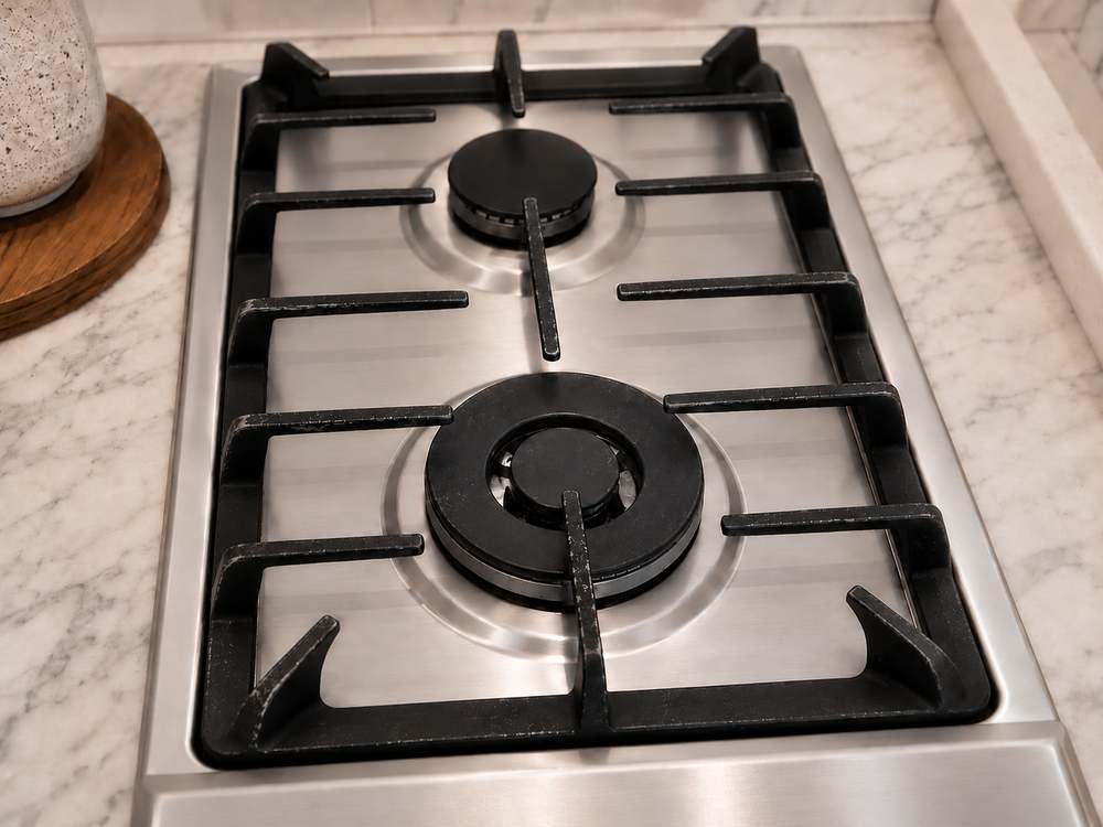 The same cooktop with clean stainless and grates after cleaning
