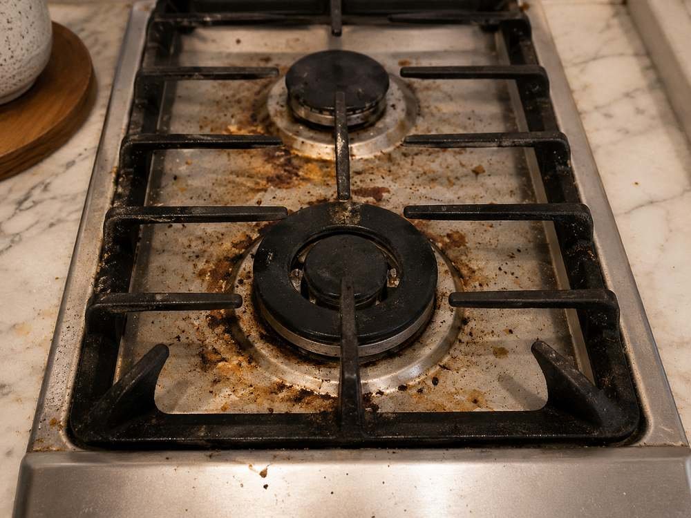 Gas cooktop with baked-on grease around the burners before cleaning