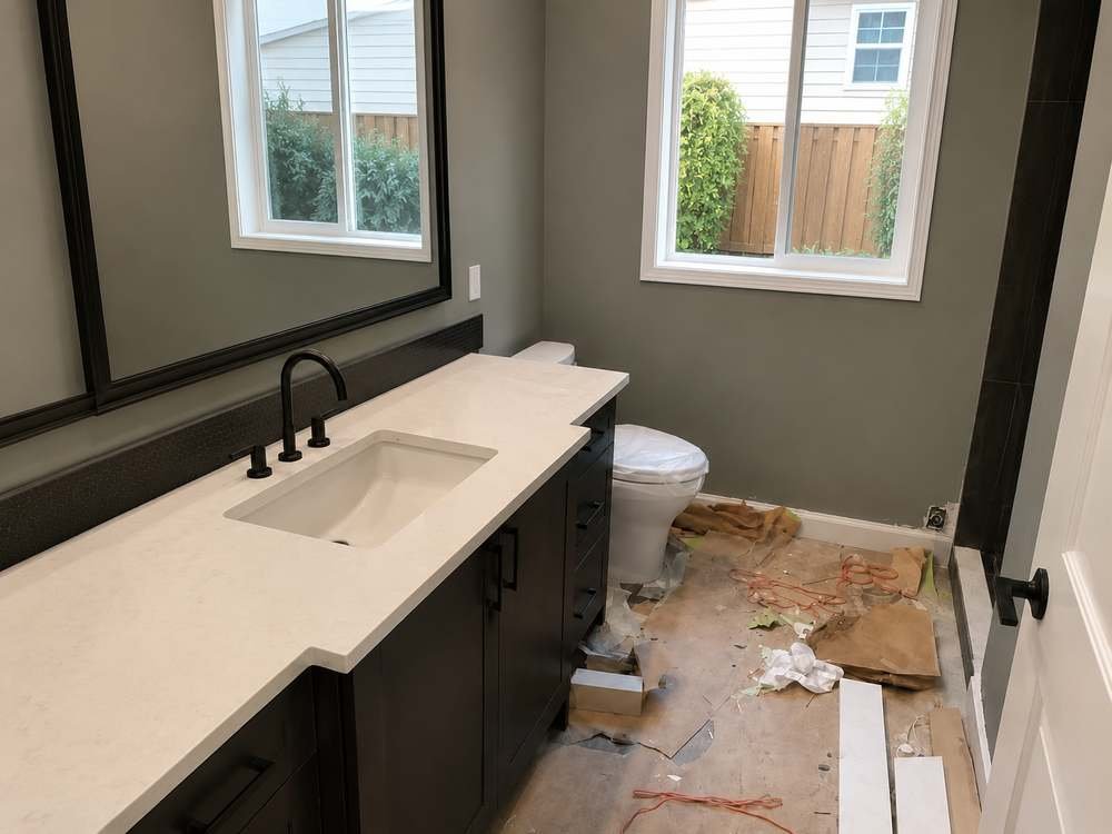 Newly built bathroom with paper, tape and construction debris across the floor