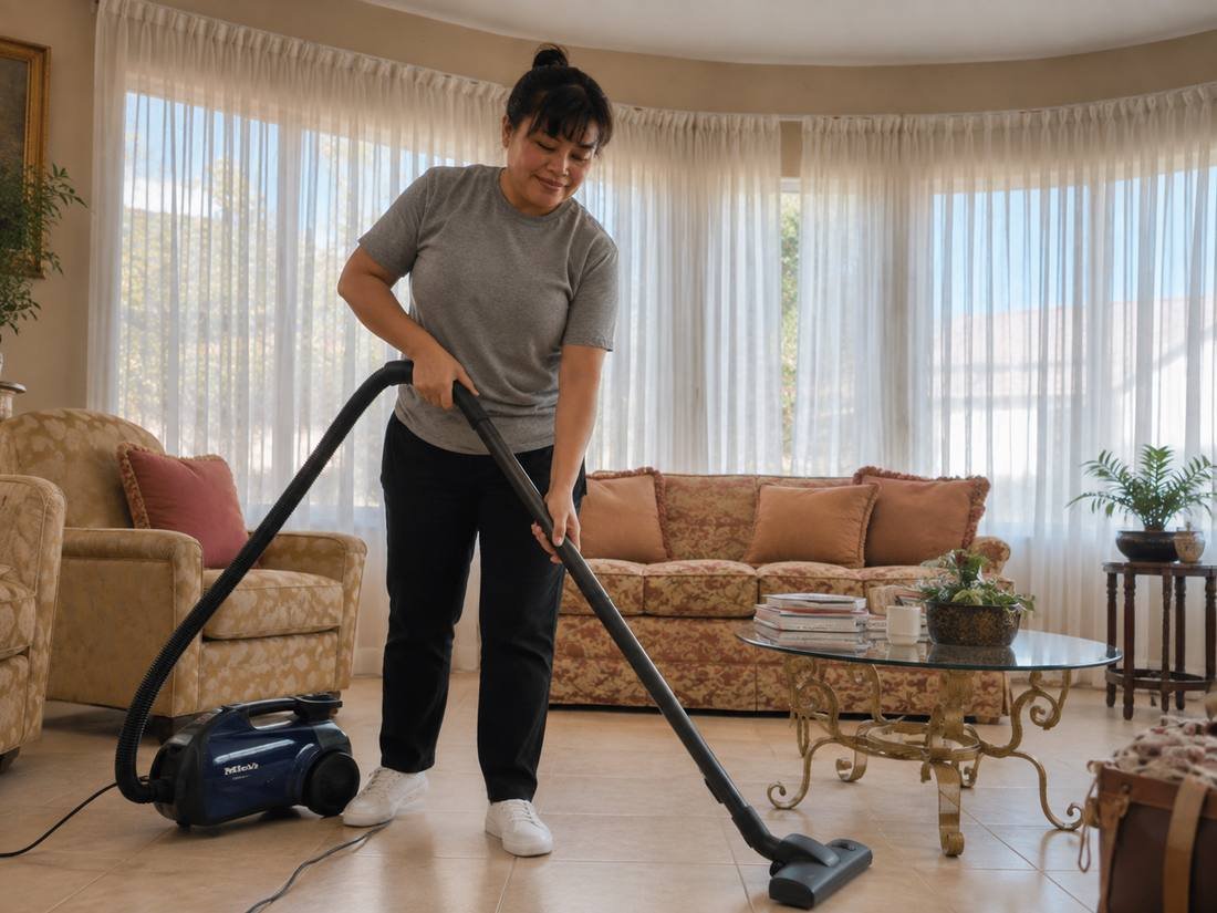An Aurora housekeeper vacuuming a sunlit living room